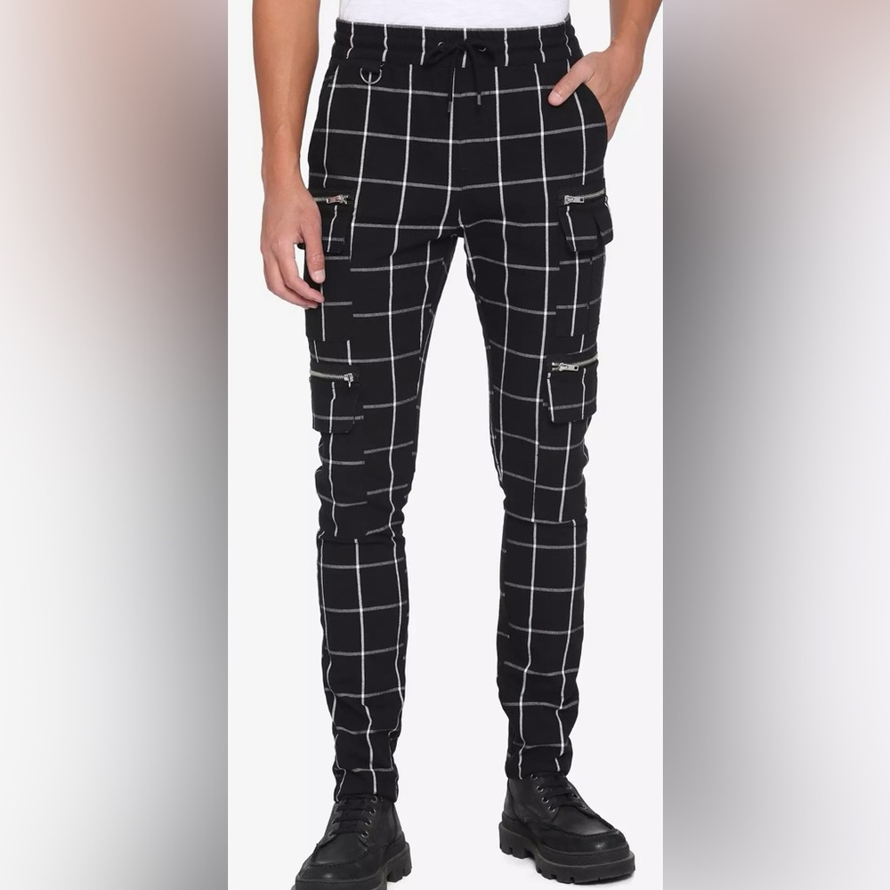 Hot Topic Men's Black Grid Plaid Jogger Pants Cargo Small Pockets & Zippers